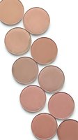 Neutral eyeshadow palette with warm brown and rose gold tones arranged on white background for makeup and beauty applications.