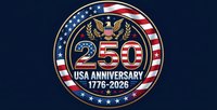Commemorative 250th anniversary emblem celebrating milestone with patriotic eagle design and stars on navy background for national pride celebrations.