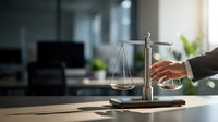 Lawyer in formal business attire adjusting scales of justice on wooden desk in modern office environment with computer and plants, symbolizing legal practice, fairness, and professional law services.