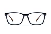 Modern black rectangular eyeglasses with tortoise temple tips isolated on white background, featuring clear lenses and contemporary minimalist design for optical and fashion use.