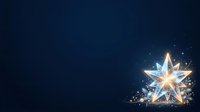 Glowing star with crystalline facets and light particles on dark blue background, suitable for holiday, celebration, and festive design projects.