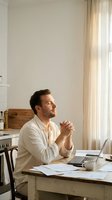 Caucasian businessman in white shirt working from home office with laptop and documents, hands clasped in contemplation by sunny window.