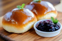 Fresh homemade sweet buns with glossy top served on wooden board with berry jam in ceramic bowl and mint garnish, close up view of traditional pastry.