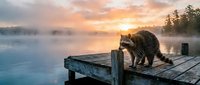 Raccoon on wooden dock at misty lake during golden sunrise with forest silhouette and calm water reflections creating peaceful wilderness morning scene.