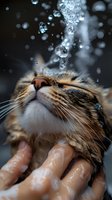 Close-up of wet tabby cat nose and whiskers with water drops falling during bath time, hands gently washing feline pet, macro photography on dark background.