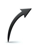 Black curved arrow pointing upward and right isolated on white background for business presentations, infographics, and directional design elements.