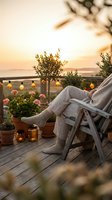 Cozy balcony terrace with comfortable chair, potted flowers and warm string lights during golden hour sunset for relaxation and outdoor living spaces.