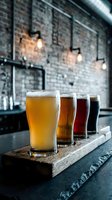 Four craft beer glasses arranged on a wooden flight board in a modern brewery or pub setting, showcasing pale ale, amber, red, and stout varieties for tasting and comparison.