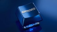Approved stamp button on keyboard key with glowing blue light, representing acceptance, verification, and authorization in digital business processes.