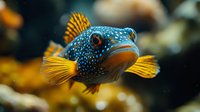 Spotted blue and yellow tropical fish with bright orange fins swimming in aquarium, macro underwater photography showing detailed scales and vibrant colors.