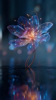 Glowing translucent flower with luminous petals and golden light particles against dark blue background, reflecting on water surface.