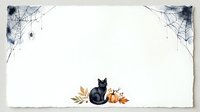 Black cat sitting with autumn leaves and pumpkins, isolated on white background with spider webs in corners, ready for greeting cards and seasonal designs.
