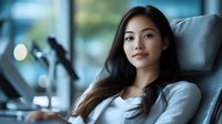 Young Asian businesswoman sitting in modern office chair with confident expression and slight smile, wearing white blazer against blurred corporate background.