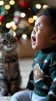 Young African American child laughing joyfully in holiday sweater next to curious cat, with soft Christmas lights bokeh creating warm festive atmosphere in background.