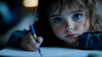 Young Caucasian girl with striking blue eyes and brown hair concentrating on drawing or writing, captured in moody low-key lighting while wearing dark blue clothing.
