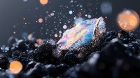 Colorful iridescent crystal on dark surface with bokeh light effects and sparkling particles creating magical atmospheric mood.