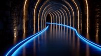 Illuminated stone tunnel with glowing blue neon light trails reflecting on wet floor, creating futuristic perspective through multiple arches in dark atmosphere.