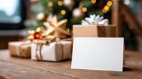 Blank greeting card with wrapped Christmas presents and festive bokeh lights in background on wooden table. Perfect for holiday message design.