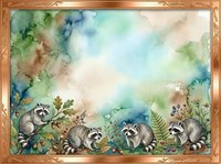 Watercolor illustration of four raccoons exploring lush foliage and plants in natural woodland setting with soft blue and green washes. Suitable for children's books, nursery decor, and nature-themed designs.
