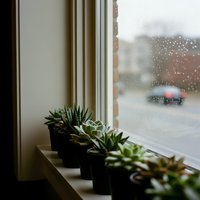 Small succulent plants in black pots arranged on wooden windowsill with raindrops on glass creating cozy indoor gardening atmosphere for home decor.