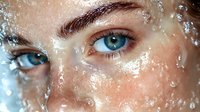 Close up of bright blue eyes with water drops and bubbles on skin, creating ethereal beauty effect for cosmetic and skincare advertising concepts.
