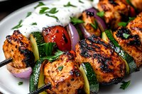 Grilled chicken kebabs with colorful vegetables and herbs on white plate. Juicy meat chunks alternating with zucchini, bell peppers and red onion, served with yogurt sauce.