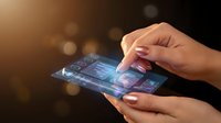 Female hands touching futuristic holographic interface on smartphone with glowing digital elements and bokeh background for technology concepts.