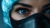 Close up portrait of female medical worker's intense blue eyes wearing surgical mask and cap, dramatic lighting creates mysterious healthcare atmosphere.