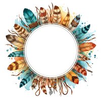 Circular frame with colorful feathers in watercolor style, isolated on white background. Ready for design use on invitations, posters, and branding materials.