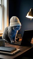Gray cat wearing knitted beanie hat sitting on desk with laptop computer in cozy home office workspace with warm lighting for remote work concept.