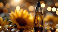Amber glass dropper bottle with essential oil against blurred sunflower and bokeh lights background, wellness and aromatherapy concept.