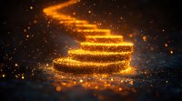 Magical glowing spiral staircase made of golden light particles and sparkles against dark background, creating mystical ascending path with bokeh effect.