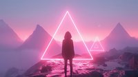 Silhouette of person standing on rocky cliff edge with glowing neon triangles against purple mountain landscape at sunset, creating mystical atmospheric scene.