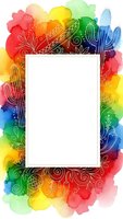 Vibrant watercolor frame with white line art cactus and floral elements on rainbow background for creative design projects and artistic presentations.