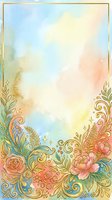 Pastel watercolor background with gold floral ornaments, roses, and swirls. Elegant frame with copy space for wedding, greeting card, or invitation.