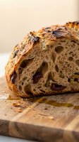Artisan sourdough bread loaf with open crumb structure and dark crust, sliced on wooden board. Suitable for bakery, food, and culinary content.