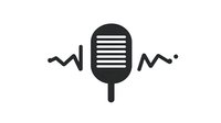 Retro microphone silhouette with sound waves on white background, isolated audio recording symbol for podcast, radio and music studio branding.