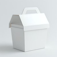 White takeout food box with handle on light background, isolated mockup for branding and packaging design. Clean minimal presentation.