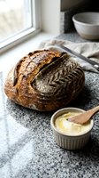 Artisan sourdough loaf with scored crust displayed on speckled countertop beside butter and kitchen linens, perfect for bakery, food, and culinary content.