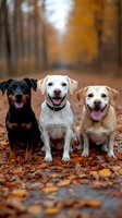 Three happy dogs sitting together on autumn leaves in forest park with warm golden light and blurred trees in background for pet care and friendship concepts.