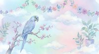 Watercolor parrot on branch with floral border frame in pastel colors. Tropical bird illustration with botanical elements for nursery decor and greeting cards.