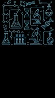 Science laboratory equipment and molecular structure icons in white line art style on black background for research and education design.