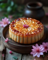 Traditional Chinese mooncake with golden glazed surface and decorative pattern on wooden plate surrounded by pink flowers for Mid-Autumn Festival celebration.
