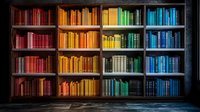 Books arranged by color in rainbow spectrum order on wooden bookshelf against dark wall, creating gradient effect from red through orange, yellow, green to blue tones.