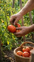 Senior farmer hands carefully harvesting ripe red tomatoes from vine in organic garden with wicker basket for fresh produce collection.