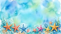 Watercolor ocean background with colorful starfish and seaweed border, soft blue and green tones, copy space for summer designs.