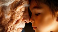 Tender moment between elderly man and young Asian child touching noses against dark background, showing intergenerational bond and family connection.