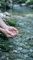 Cupped hands collecting fresh mountain stream water in pristine natural environment with moss-covered rocks and flowing creek for wellness and purity concepts.