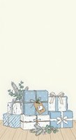 Stacked gift boxes with botanical greenery, kraft tags, and bows on wooden floor against cream background, isolated for holiday greeting cards and seasonal designs.