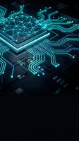 Futuristic microchip with glowing cyan circuit patterns and neural network connections on dark background for technology and AI concepts.